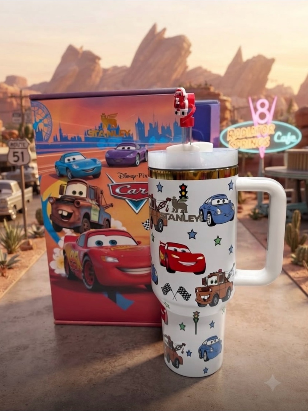 Stanley White Kids Travel Mug with Cars Characters - Picture 1 of 11
